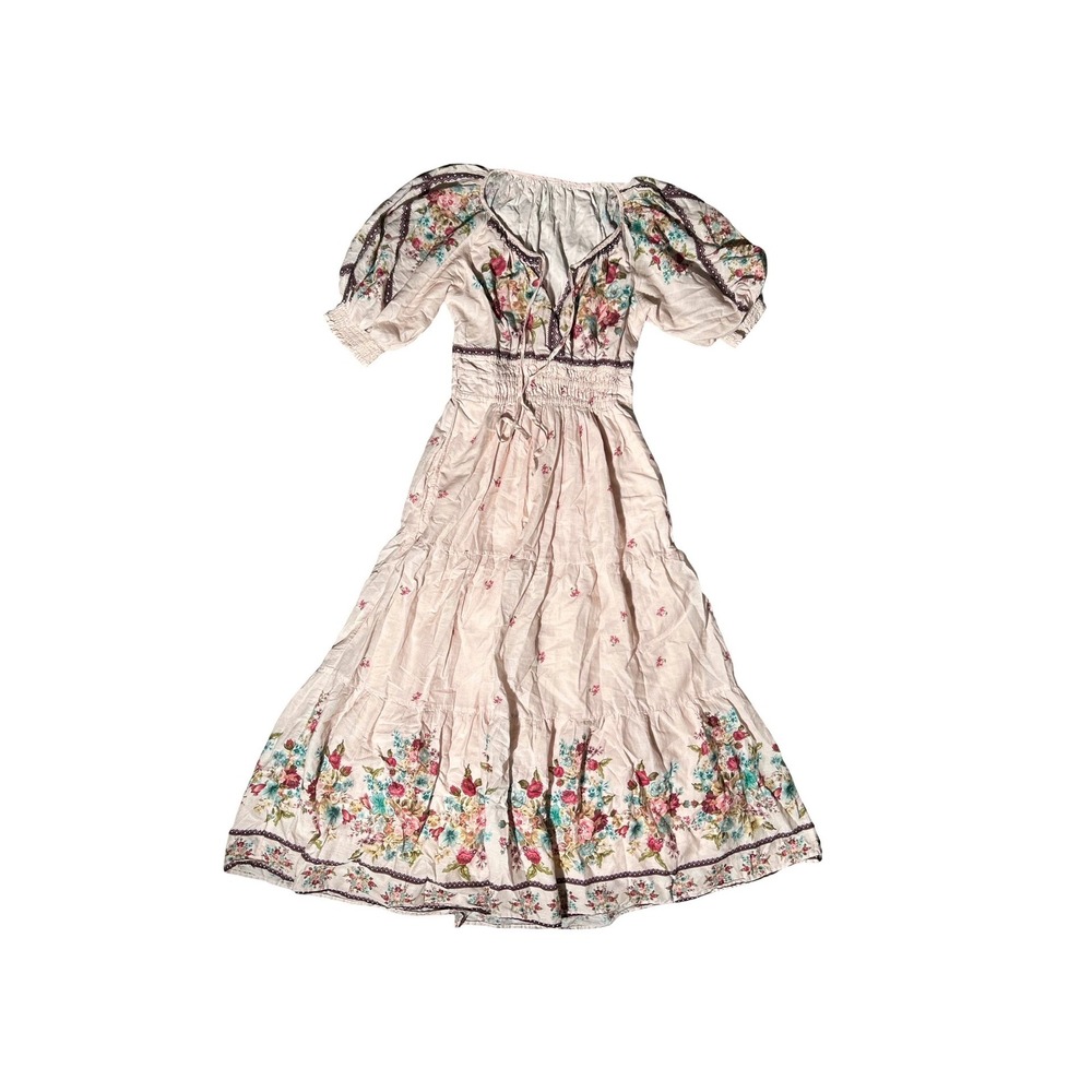 Anthropologie Floral Maxi Dress Pink Cotton Puff Sleeve Smocked Tiered Boho